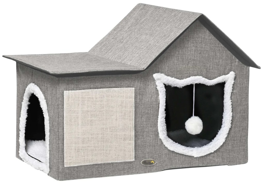 PawHut Casa Gatos Almofada Arranhar Confortável Bola Suspensa Design Moderno 65x41x45,5 cm Cinza