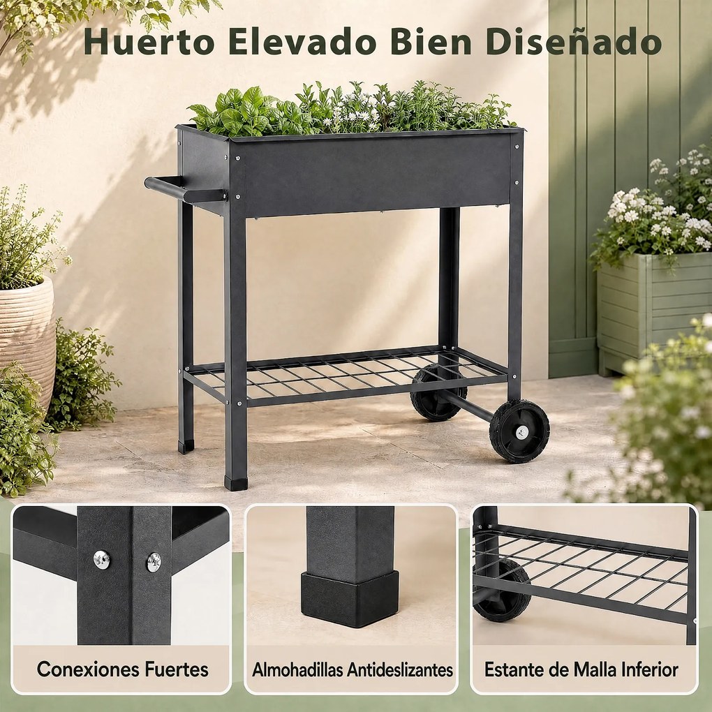 Floreira Elevada para Horta, 88 x 37 x 80 cm, com Rodas, Cinzento
