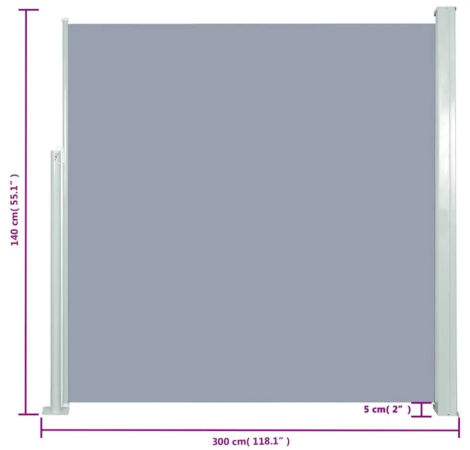 Toldo lateral retrátil 140x300 cm cinzento