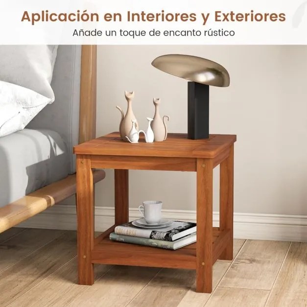 Mesa apoio jardim de 2 níveis em madeira maciça 45 x 45 x 44 cm, com prateleira de arrumação, pequena e quadrada, para pátio, jardim ou terraço Natura