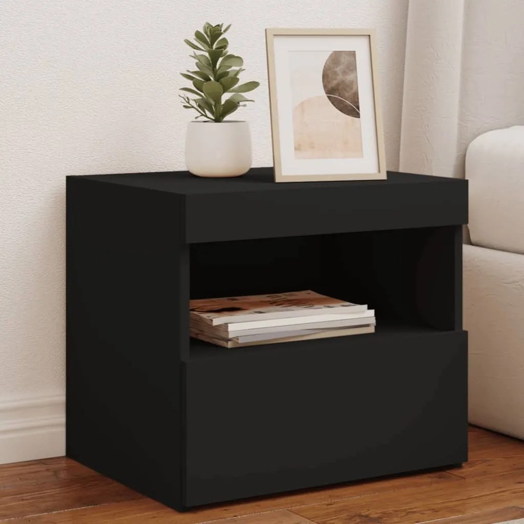 Mesa de cabeceira com luzes LED 50x40x45 cm preto