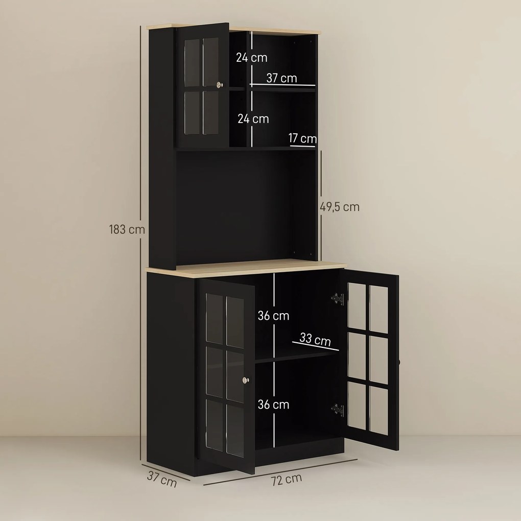 Armário de Cozinha com Prateleiras e Portas de Vidro Armário Alto de Cozinha para Pequenos Eletrodomésticos e Louças 80x37x183 cm Preto
