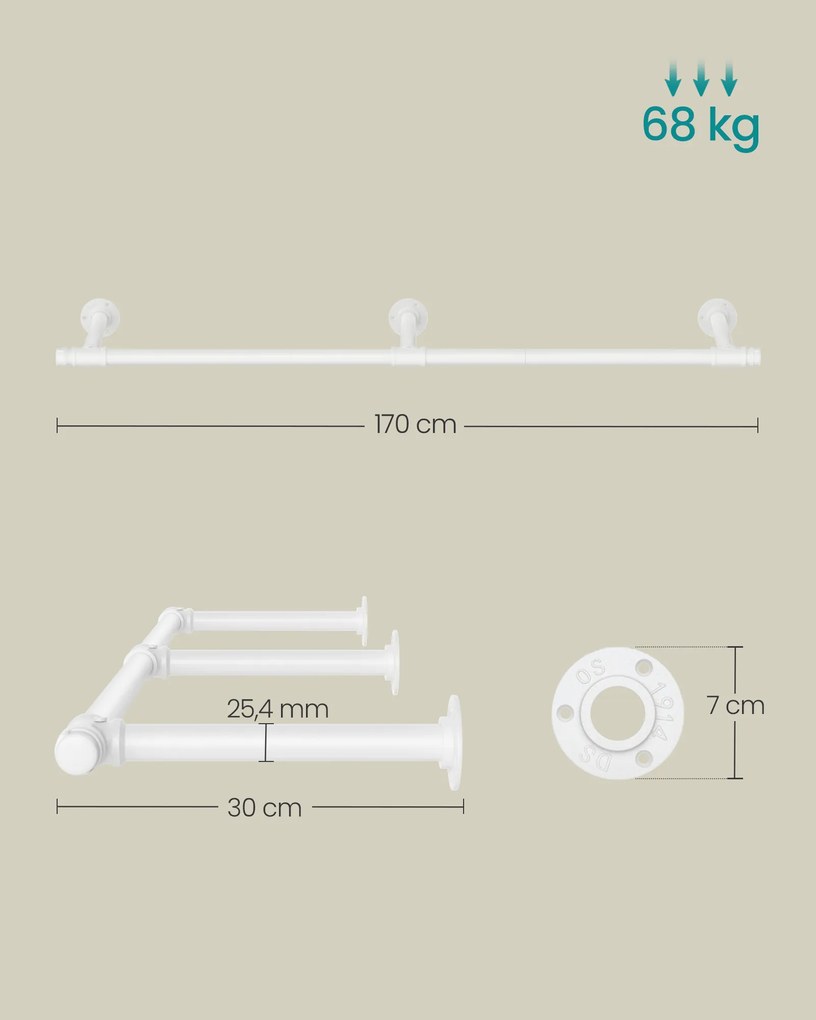 Varão de parede para roupa 30,4 x 170 x 7 cm Branco