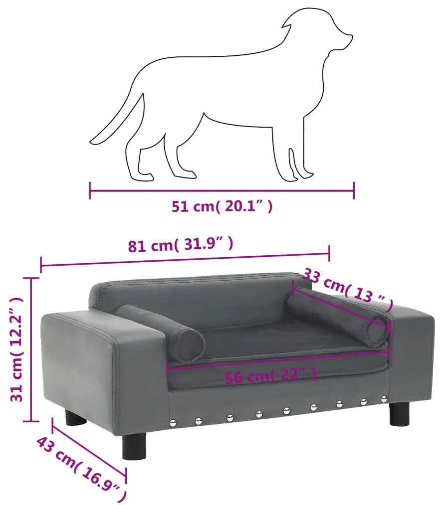 Sofá para cães 81x43x31 cm pelúcia e couro artificial cinzento