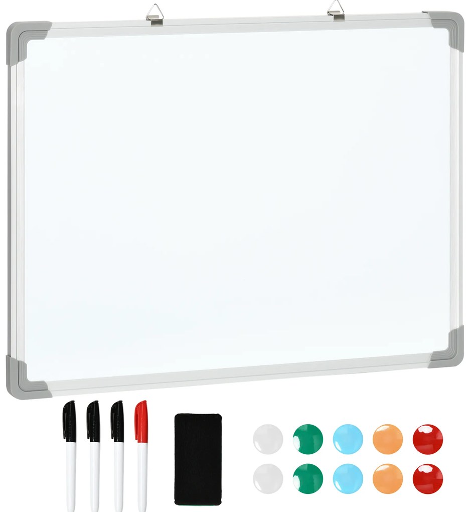 HOMCOM Quadro Magnético com Estrutura de Liga de Alumínio 60x45cm Quadro Magnético com Apagador 4 Marcadores e 10 Ímás Branco