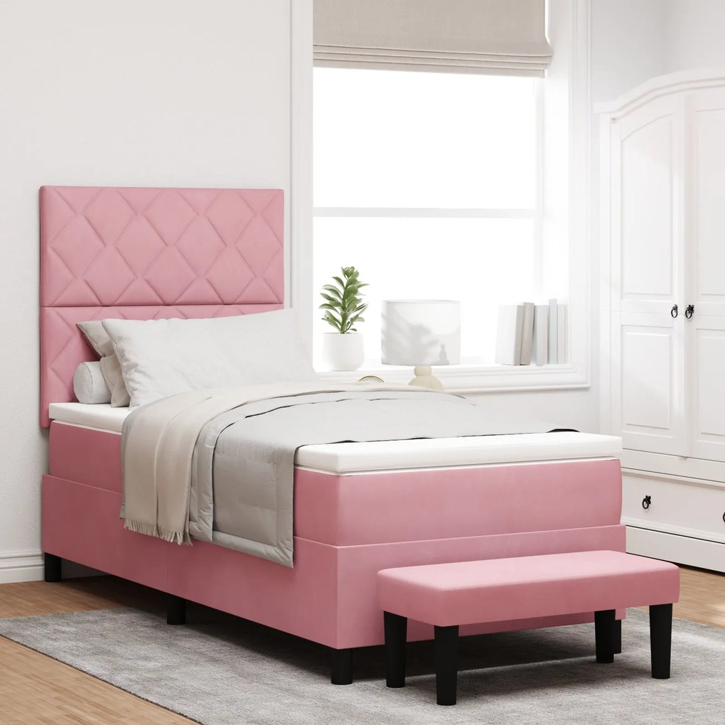 Cama Box Spring Rosa com Colchão e Banco 90x190 cm Veludo