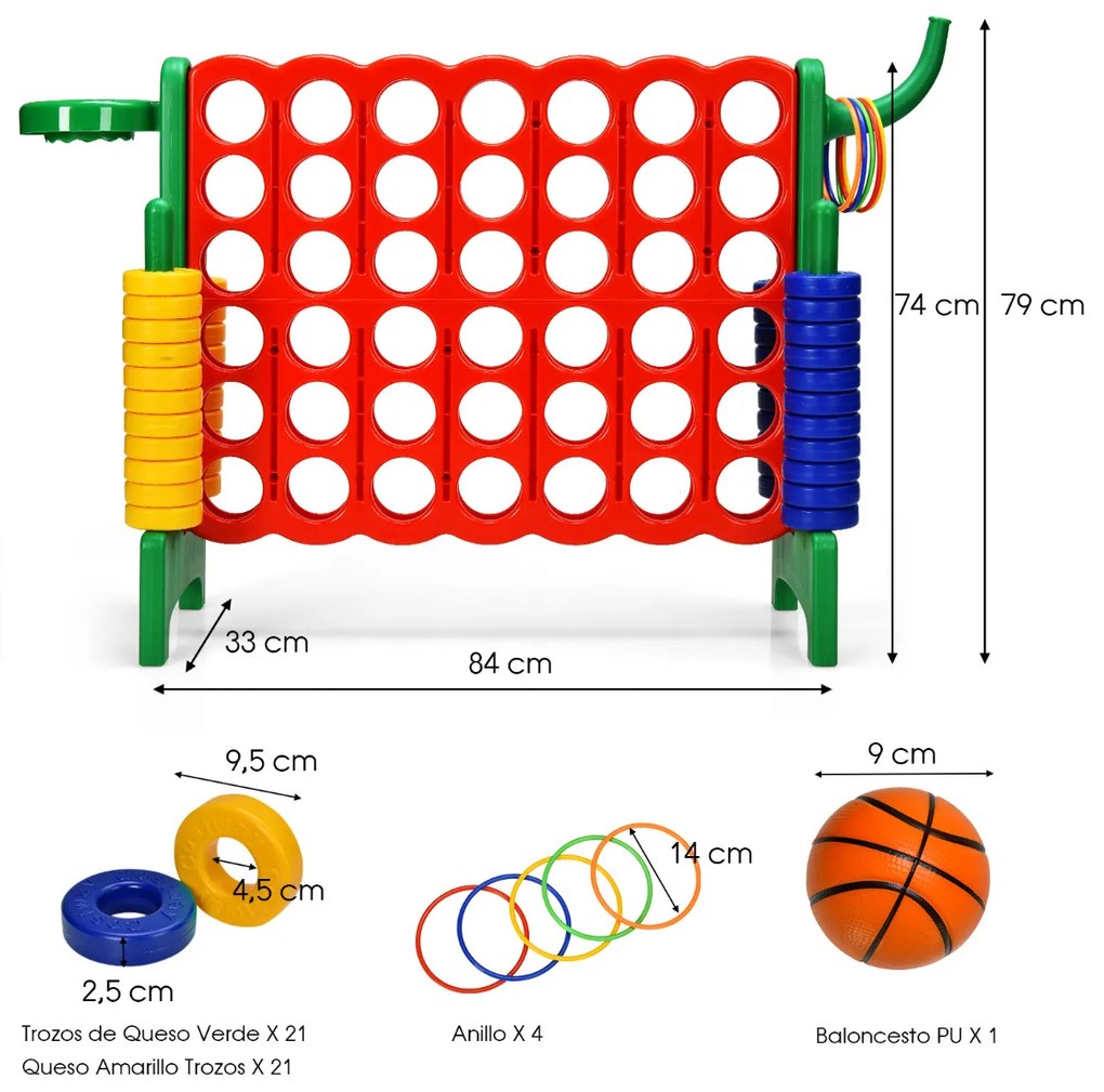 Jogo Conecta 4 gigante 84 x 33 x 74 cm para crianças e adultos para ar livre 74 cm com cesto e jogo de atirar argolas 42 peças Verde
