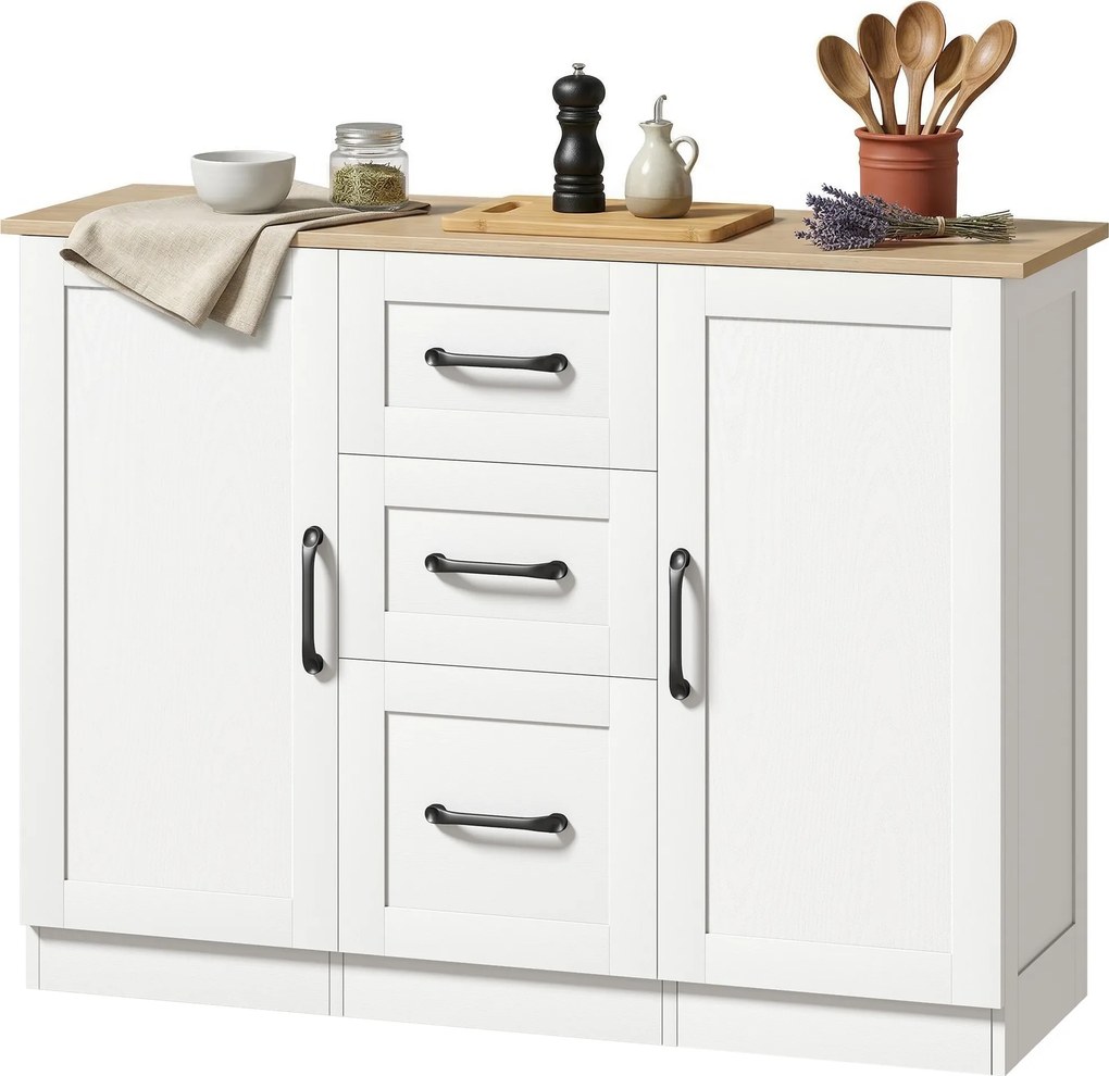 Aparador de sala 110 x 35 x 80,4 cm, móvel de arrumação com 2 portas com fecho suave e 3 gavetas, , branco e madeira natural