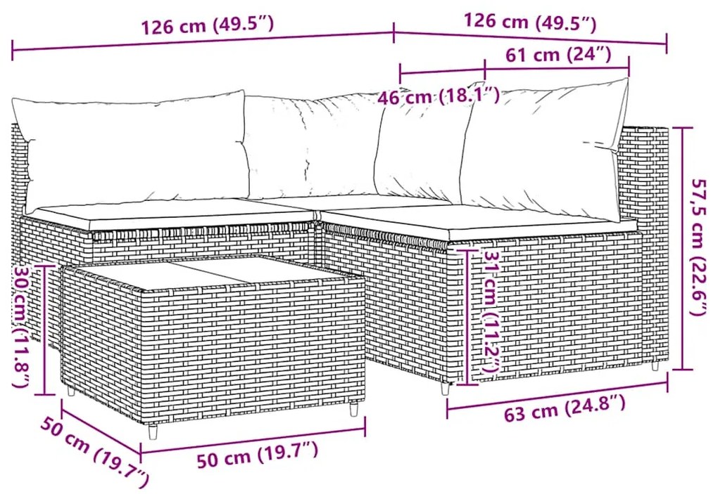4 pcs conjunto lounge de jardim c/ almofadões vime PE cinzento