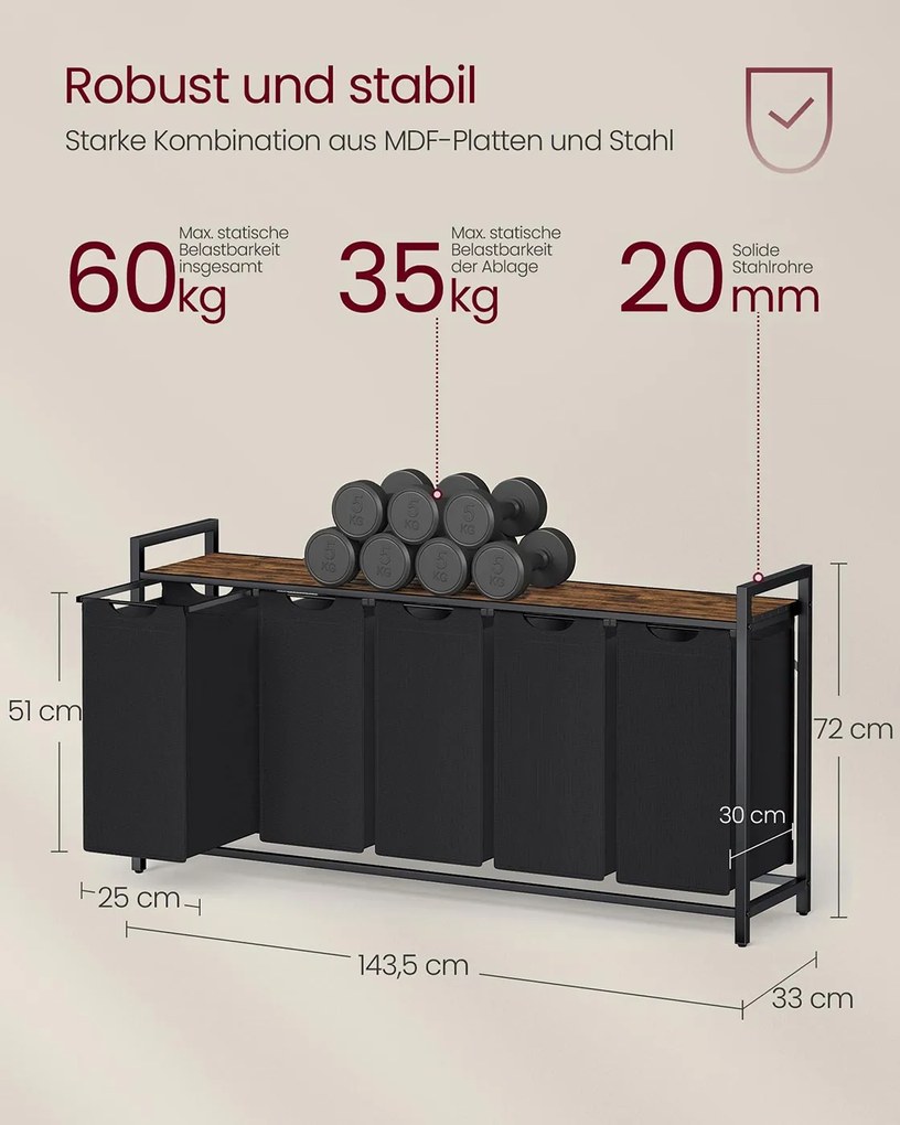 Cesto para roupa suja 143,5 x 33 x 72 cm com prateleira em tecido Oxford preto-castanho