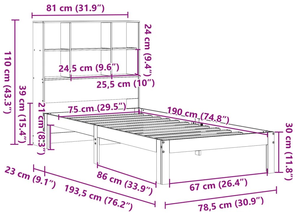 Cama com estante sem colchão 75x190 cm pinho maciço