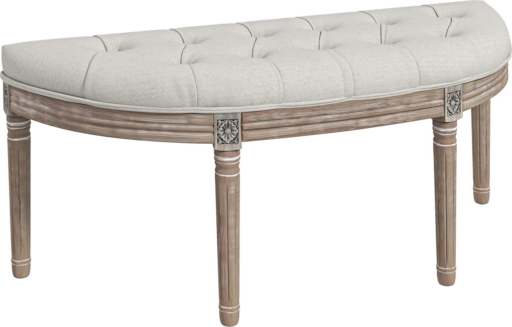HOMCOM Banco de Pé de Cama em Forma Meia-Lua Estilo Luís XVI Estrutura em Madeira Maciça Esculpida Assento em Tecido Creme | Aosom Portugal