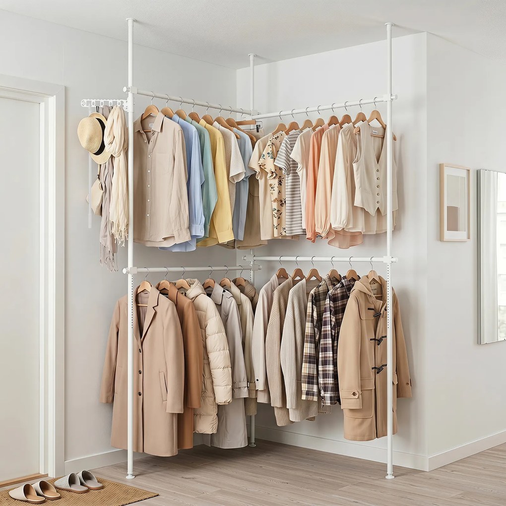 Cabideiro de Roupa 139-244 x 110-315 cm , Estrutura de Pé com 4 Barras Extensíveis, Branco