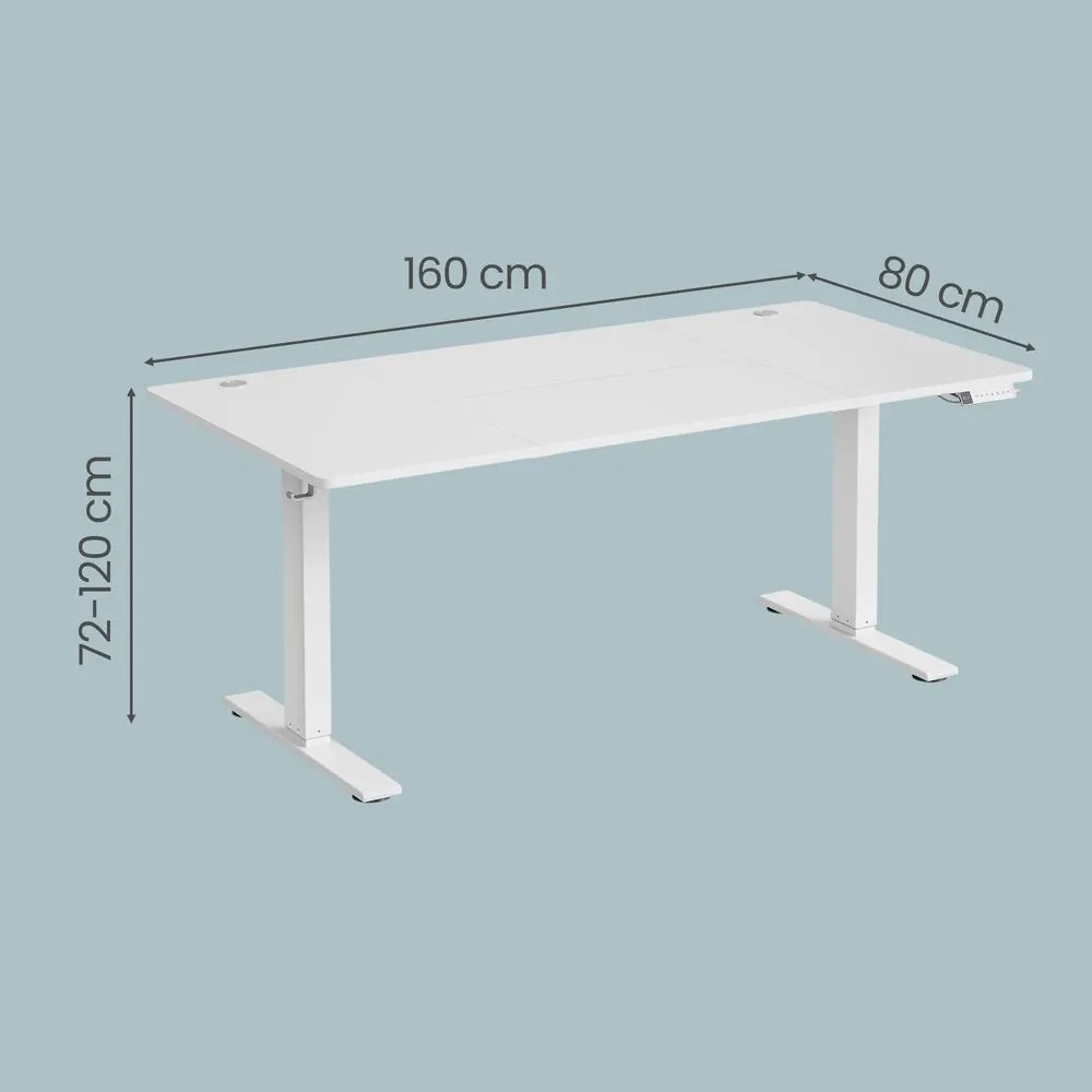 Secretária elétrica com regulação elétrica da altura, 160 x 80 x (72-120) cm, com porta USB-C Branco