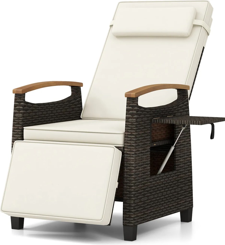 Poltrona jardim de rattan com encosto e apoio para os pés ajustáveis, mesinha rebatível, apoio para a cabeça removível, braços em madeira de acácia, t