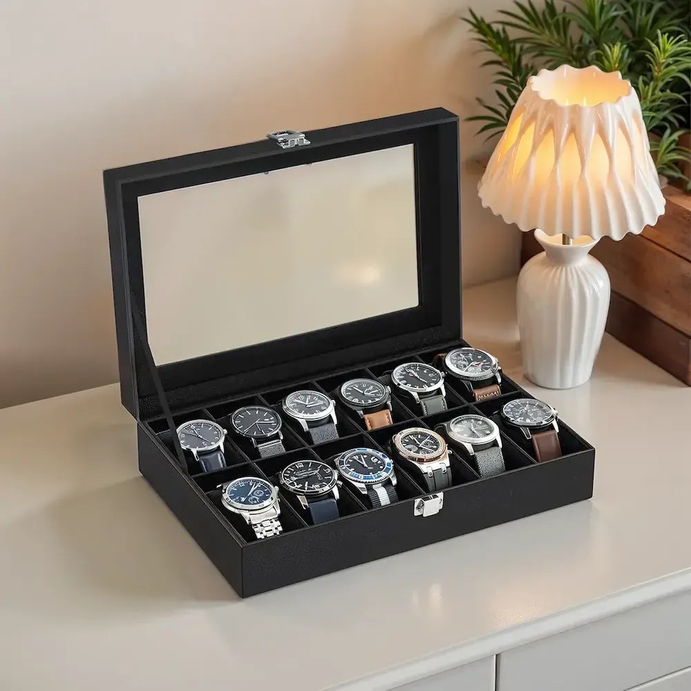 Caixa para relógios com 12 compartimentos com tampa de vidro 20,2 x 30,2 x 7,8 cm revestimento em PU preto, forro em veludo preto