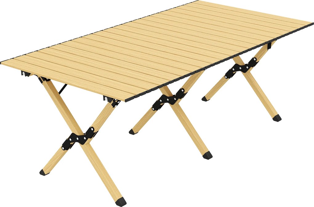 Outsunny Mesa de campismo 117 x 60 cm Mesa dobrável em alumínio com tampo enrolável aparência de madeira Bolsa de transporte à prova d'água | Aosom Portugal