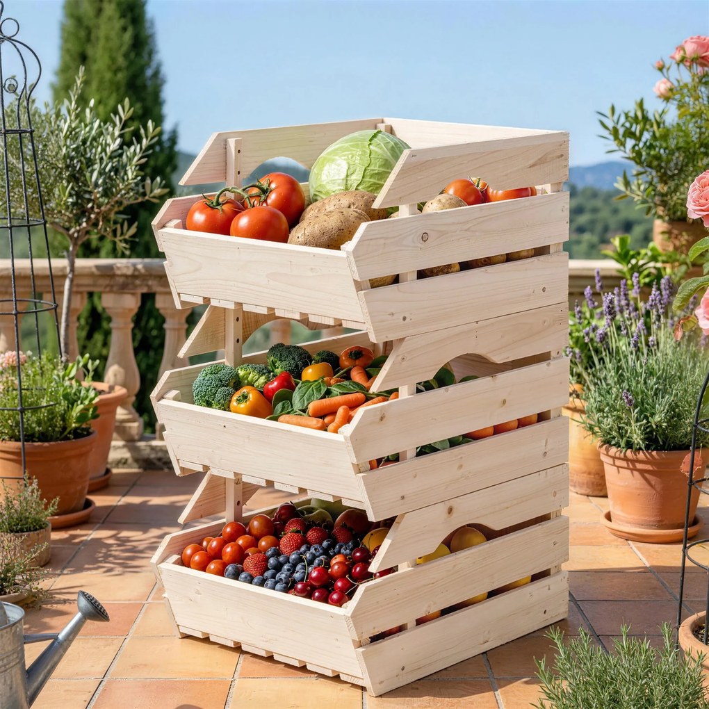 Suporte para cesto de frutas em madeira de abeto com 3 andares removíveis 27 x 37,5 x 60 cm, para frutas e legumes, natural