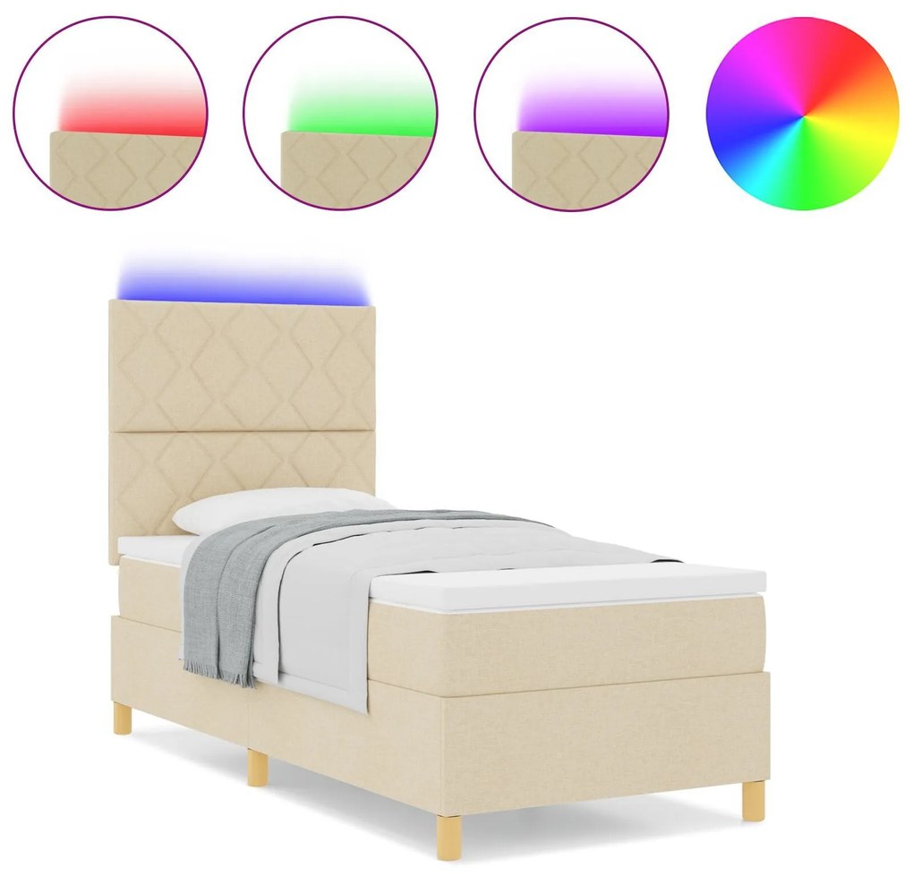 Cama com Molas Com Colchão & LED Creme 100x200 cm Tecido