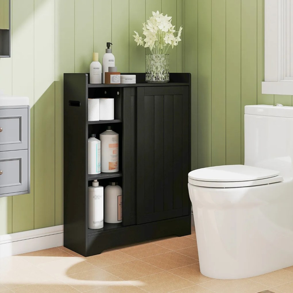 Armário de Cozinha ou Casa de Banho 60 x 20 x 80 cm com porta-papel higiênico, compartimento para escova e prateleiras ajustáveis com 2 portas desliza