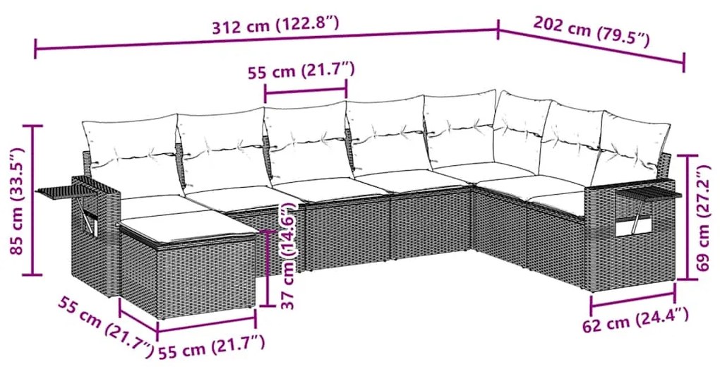 8 pcs conjunto sofás de jardim com almofadões vime PE preto
