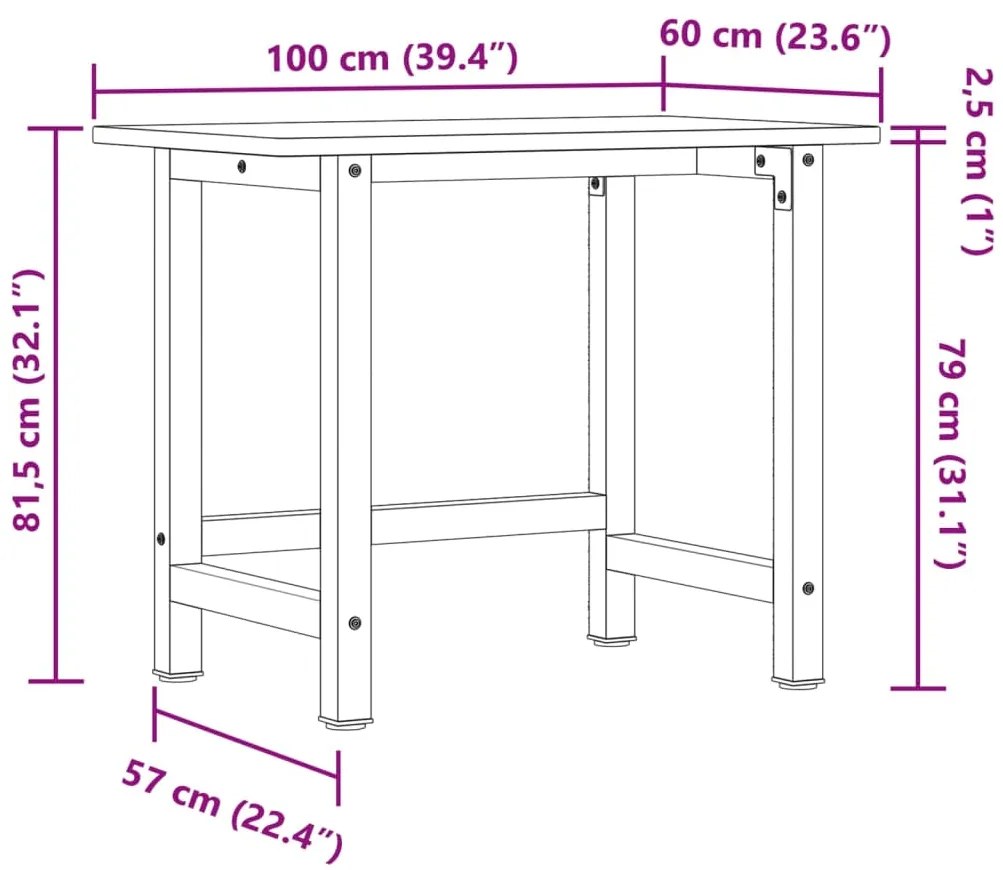 Bancada retangular 100x60x81,5cm carvalho maciço castanho-claro