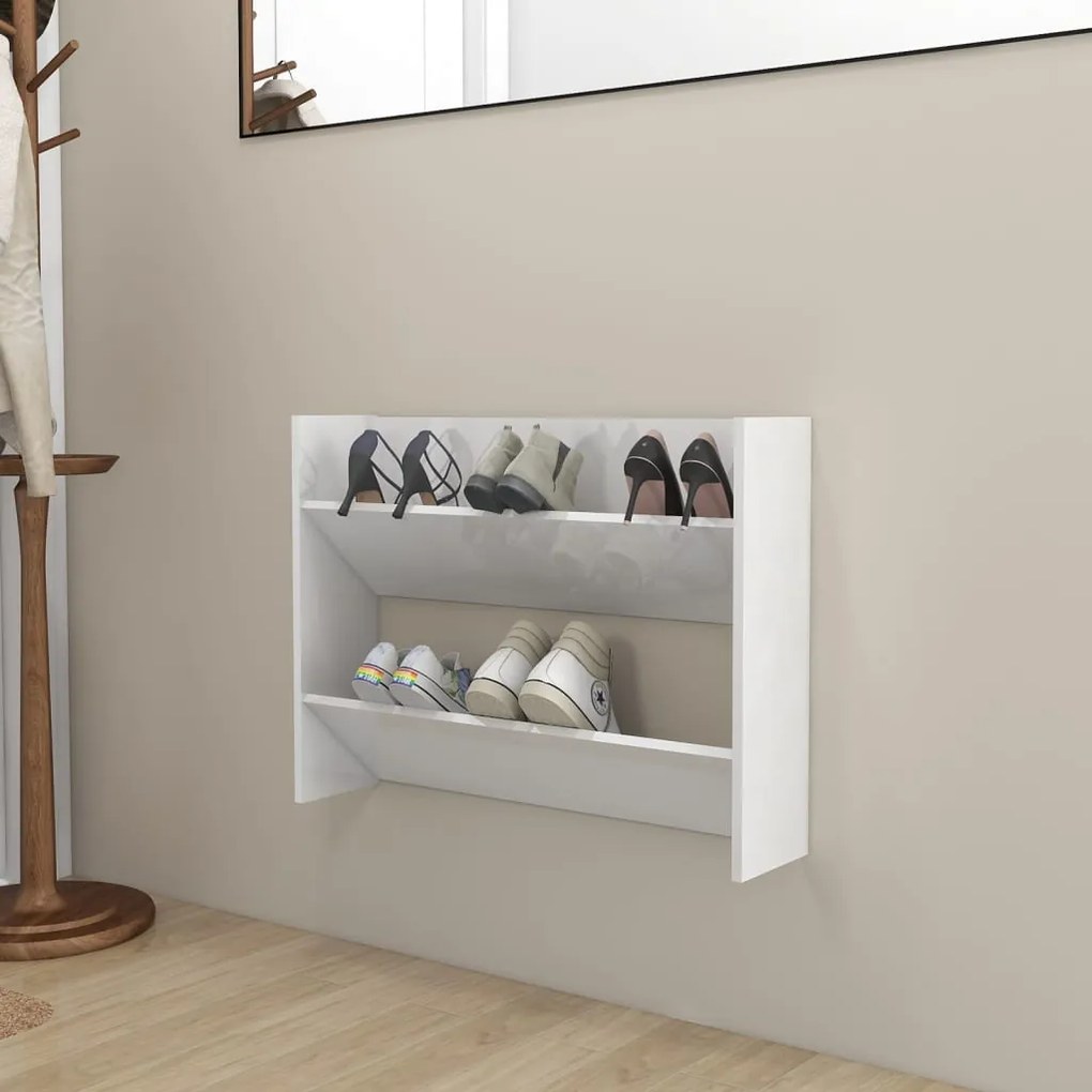 vidaXL Sapateira de parede 80x18x60 cm contraplacado branco brilhante