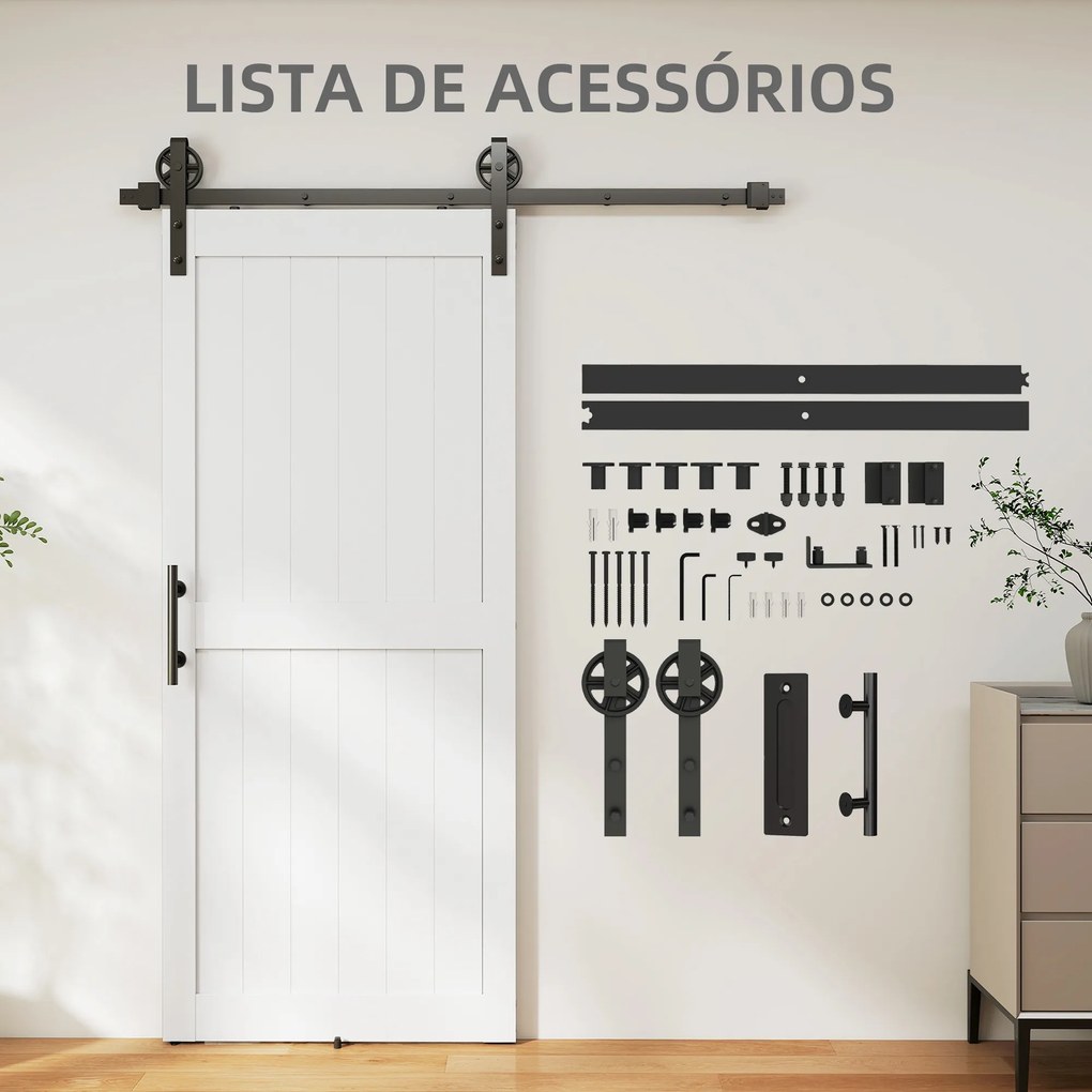 Porta de Correr Celeiro com Ferragens Porta Corredera de Interior com Puxador Rolo e Guia de Chão 91,5x213,4 cm Branco