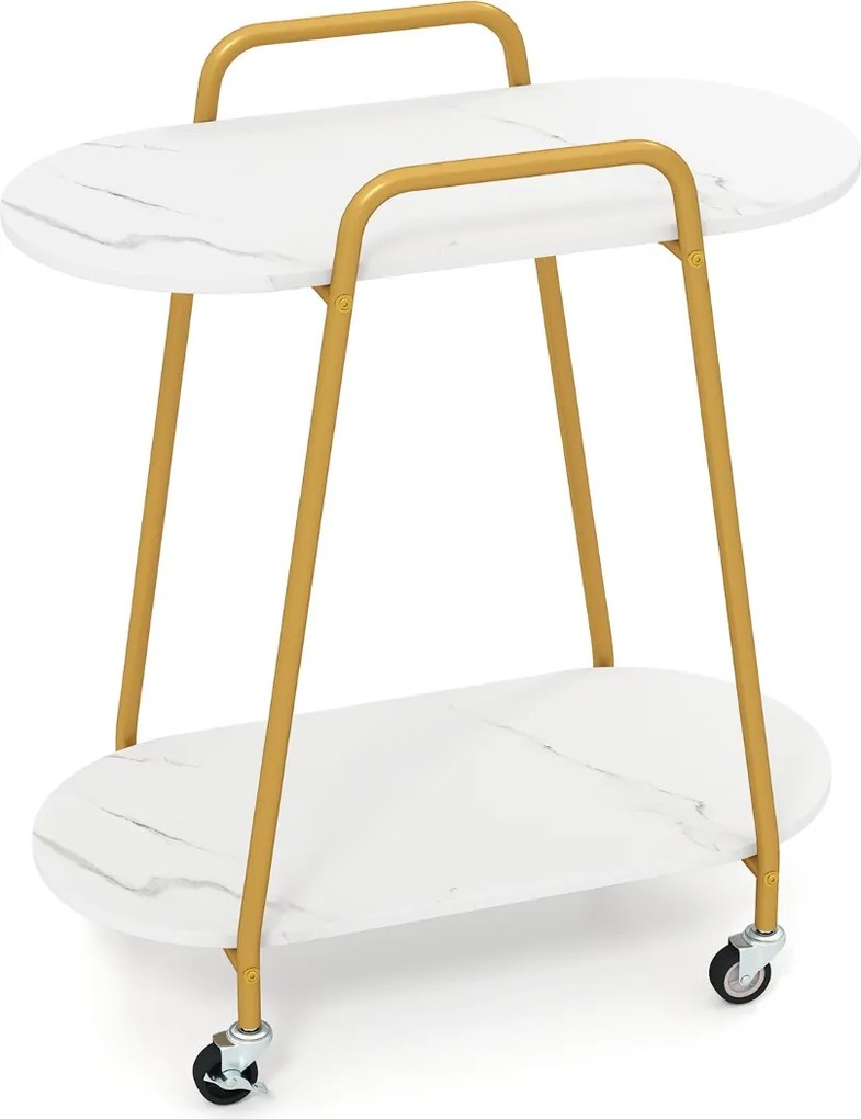 Mesa apoio com rodas 60 x 33,5 x 68,5 cm, 2 prateleiras, tampo em imitação de mármore, rodas com travão, Estrutura metálica, para quarto, cozinha ou s