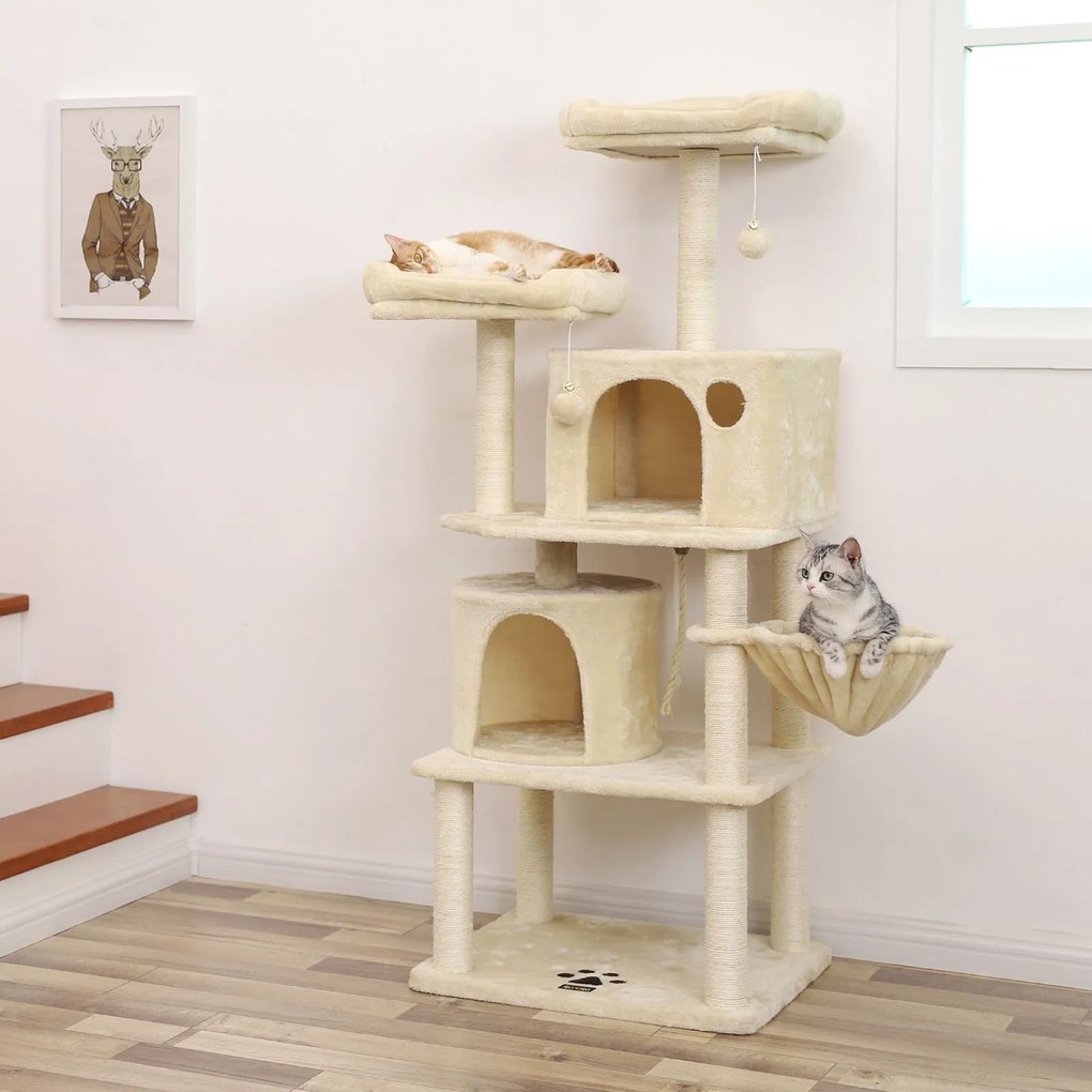 Arranhador gatos 2 cavernas 55 x 45 x 152 cm bege