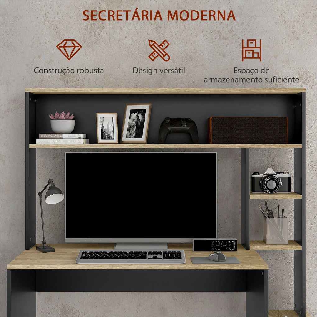 Secretária para Computador com Prateleira de 3 Níveis Mesa de Estudo com Suporte para CPU 114x45x138 cm Cinza e Natural