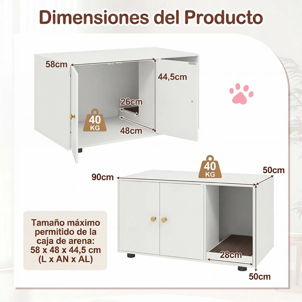 Móvel para caixa areia Gatos (CAIXA AREIA PLASTICA NÃO INCLUIDA), 90 x 50 x 50 cm, Branco