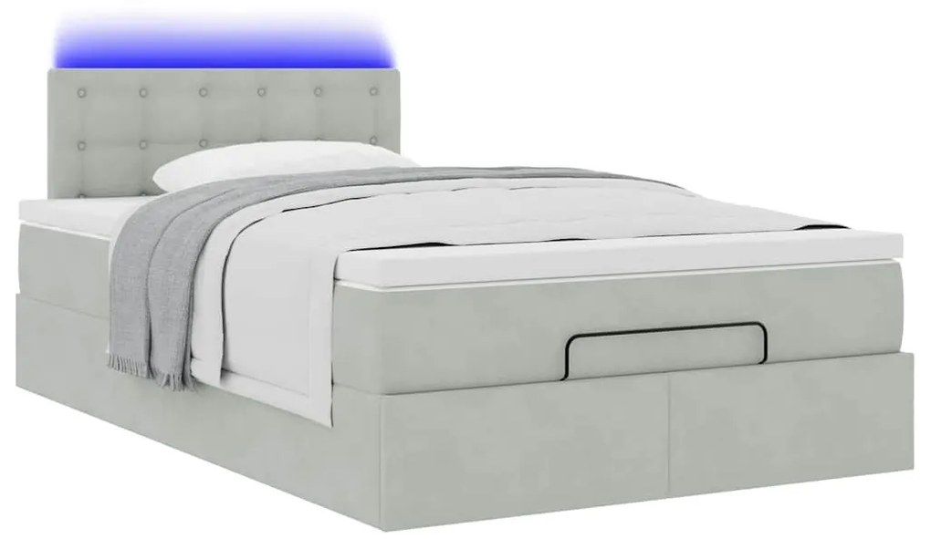 Cama otomana com colchão &amp; LEDs 120x190cm veludo cinza-claro
