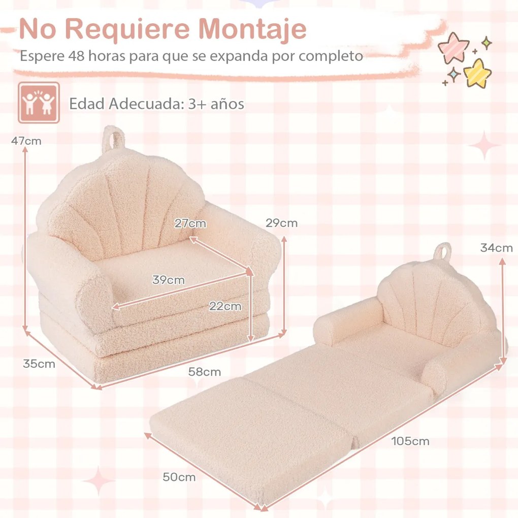 Sofá dobrável 2 em 1 em forma de concha para crianças, convertível em cama com braços, capa removível e base antiderrapante, para maiores de 3 anos, b