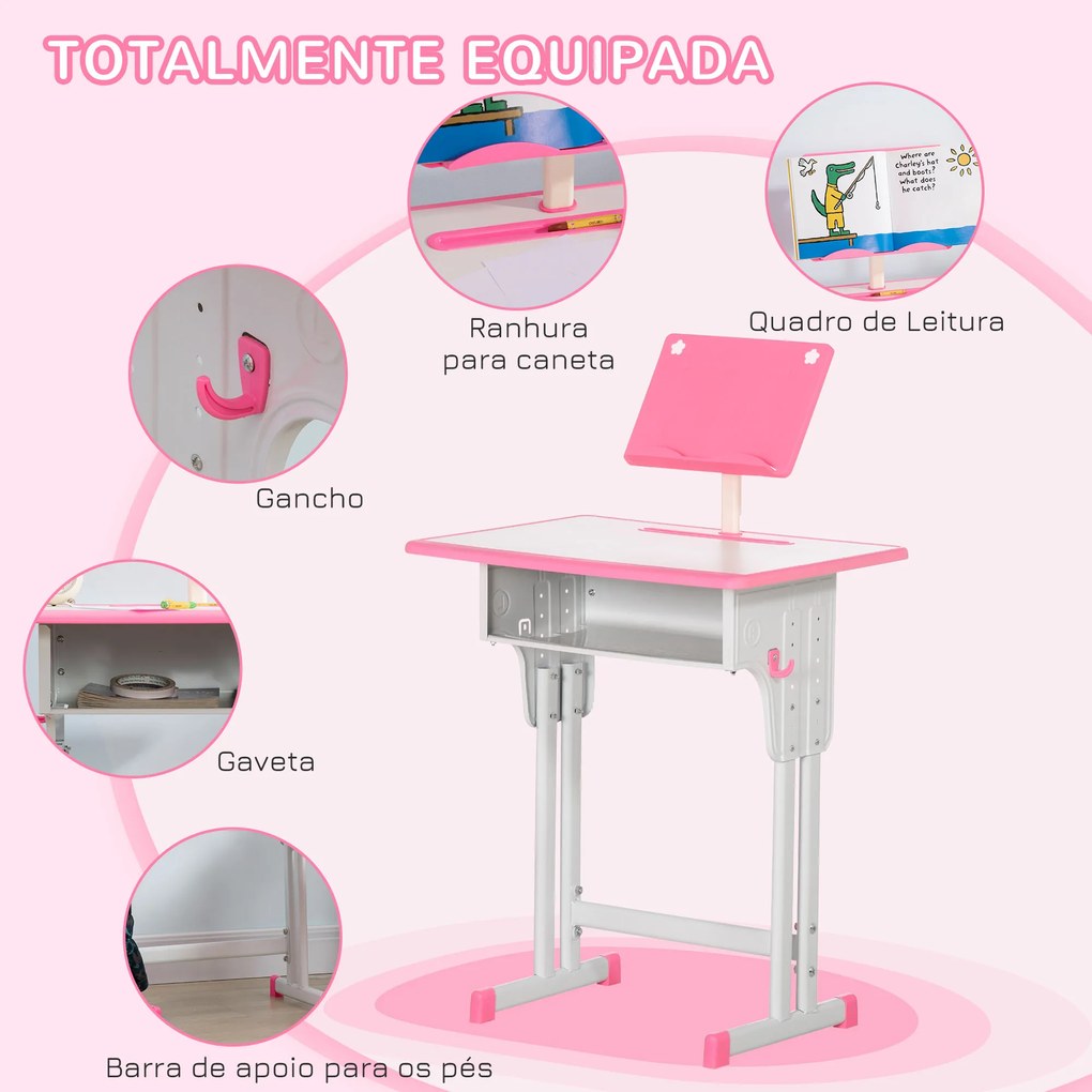 Conjunto de Secretária e Cadeira para Crianças com Altura Ajustável 1 Gaveta e 1 Prateleira para Livros 60x45x90-120 cm Rosa