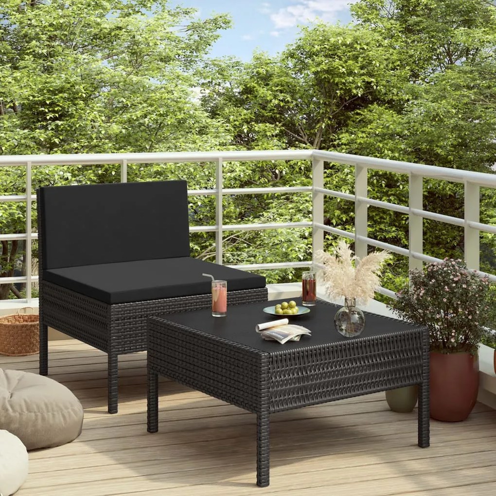 310199 vidaXL 2 pcs conjunto lounge de jardim c/ almofadões vime PE preto