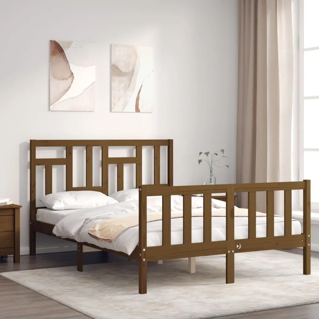 Estrutura cama cabeceira 140x190 cm madeira maciça castanho-mel