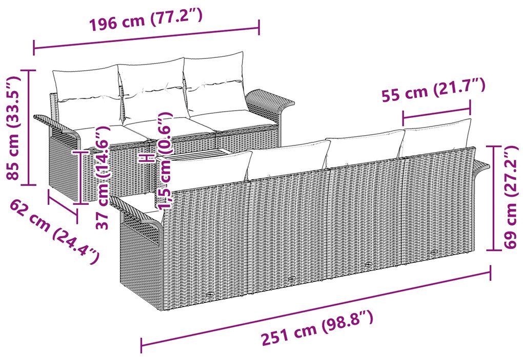 Conjunto de Sofá de Jardim de 8 Peças com Almofadas Cinza Polirattan A