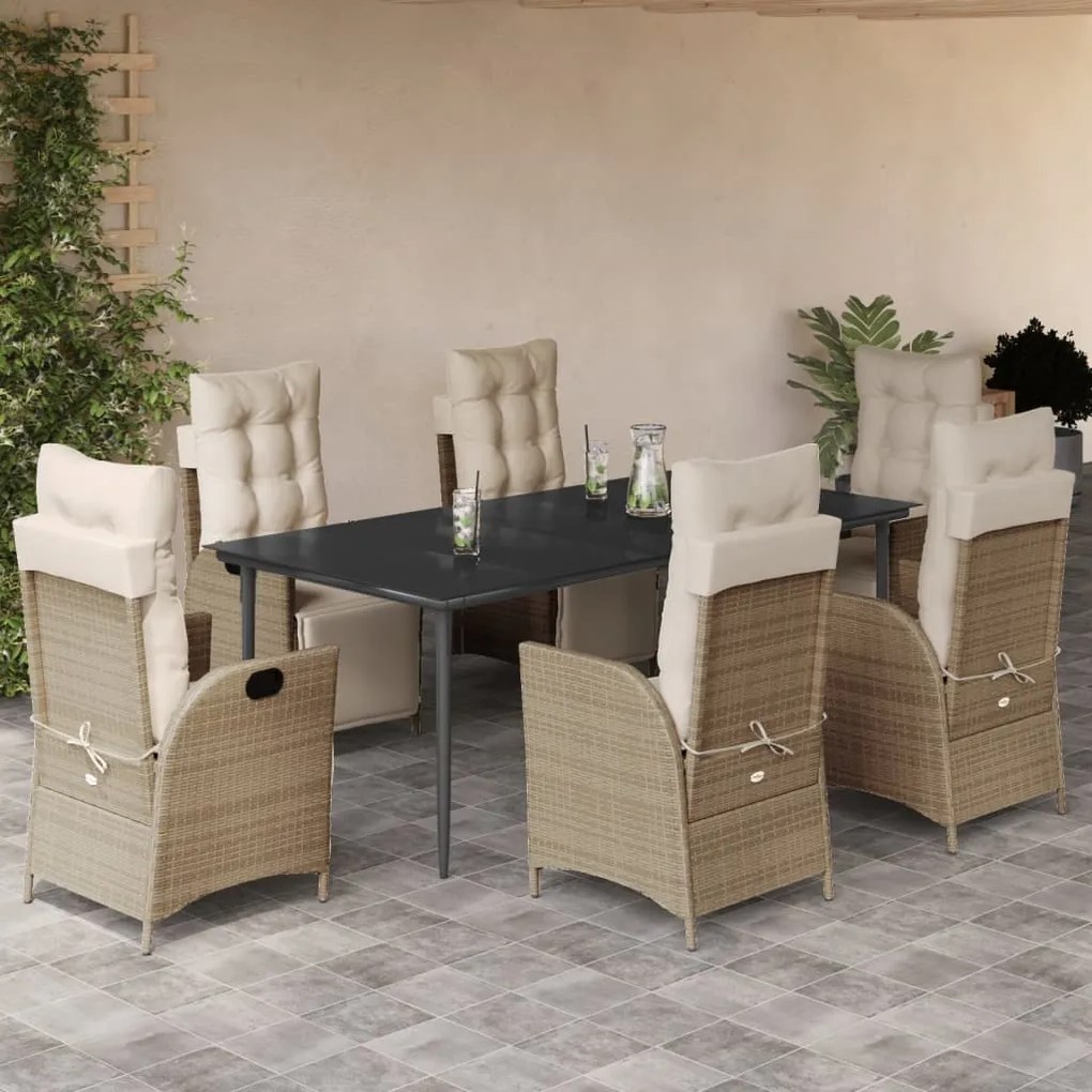 7 pcs conjunto de jantar p/ jardim com almofadões vime PE bege