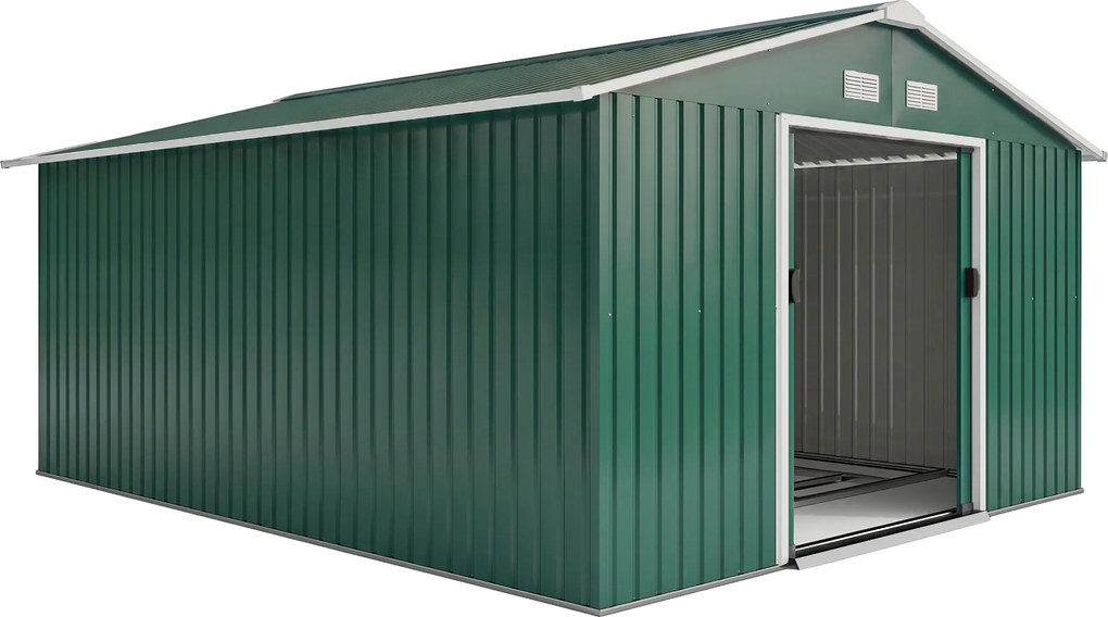 Outsunny Armário de Jardim Metálico 3,4x3,9x2 m Abrigo de Exterior para Armazenamento de Ferramentas Base Incluida 4 Janelas Verde | Aosom Portugal