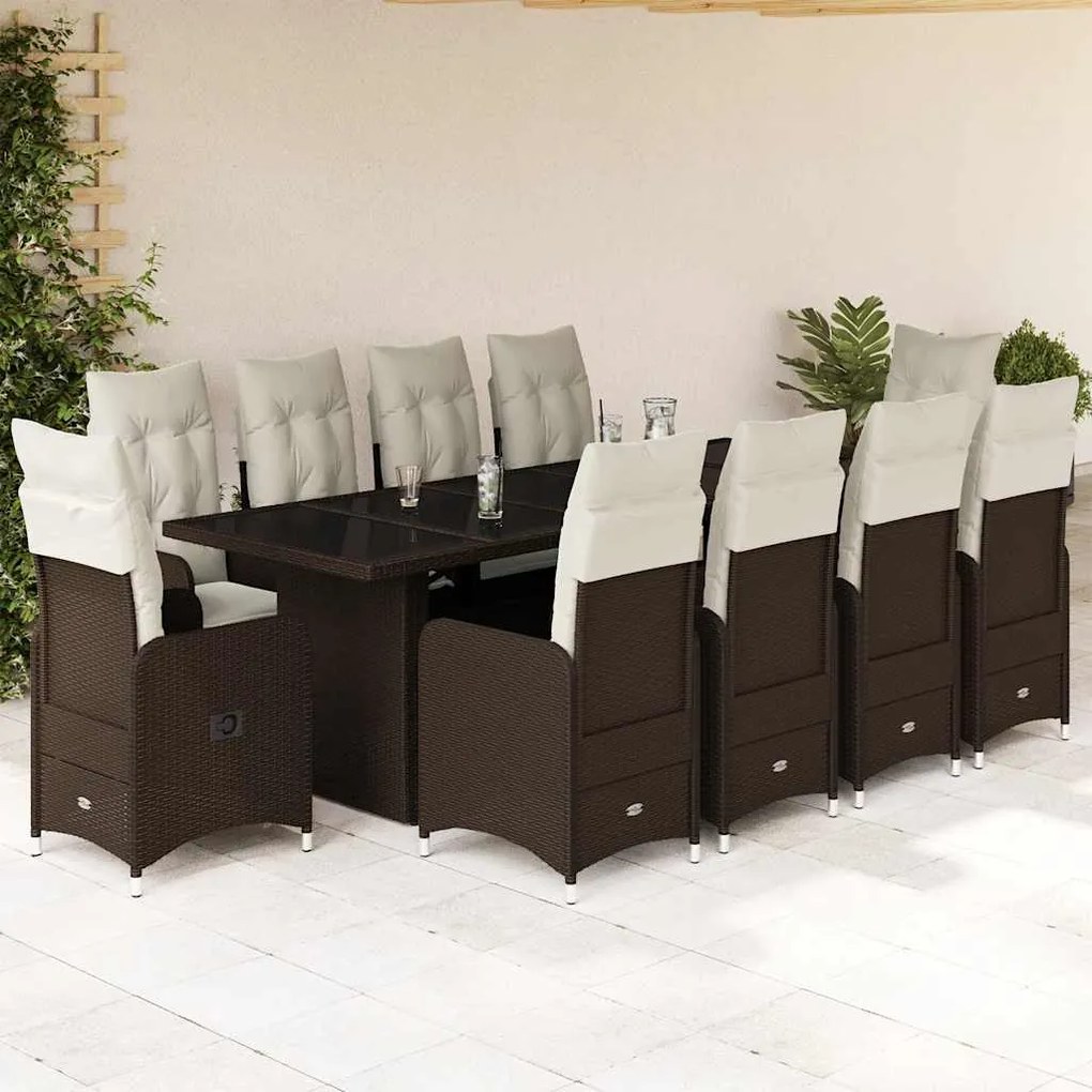 vidaXL 11 pcs conj. de bistrô p/ jardim c/ almofadões vime PE castanho