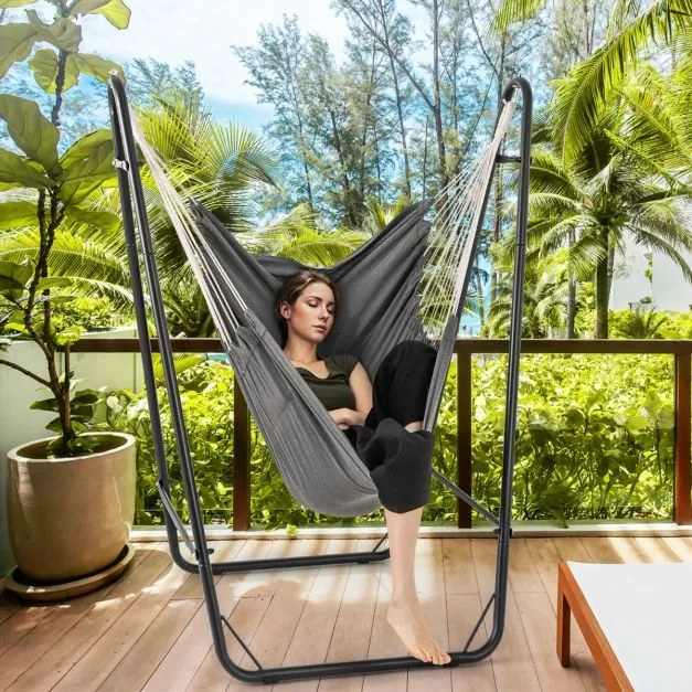 Cadeira de baloiço suspensa com suporte metálico, bolso lateral, capacidade de carga de 120 kg, para interior e exterior, sala, quarto, pátio, cinzent