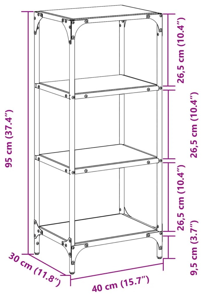 Unidade de prateleiras c/ tampo de vidro preto 40x30x95 cm aço