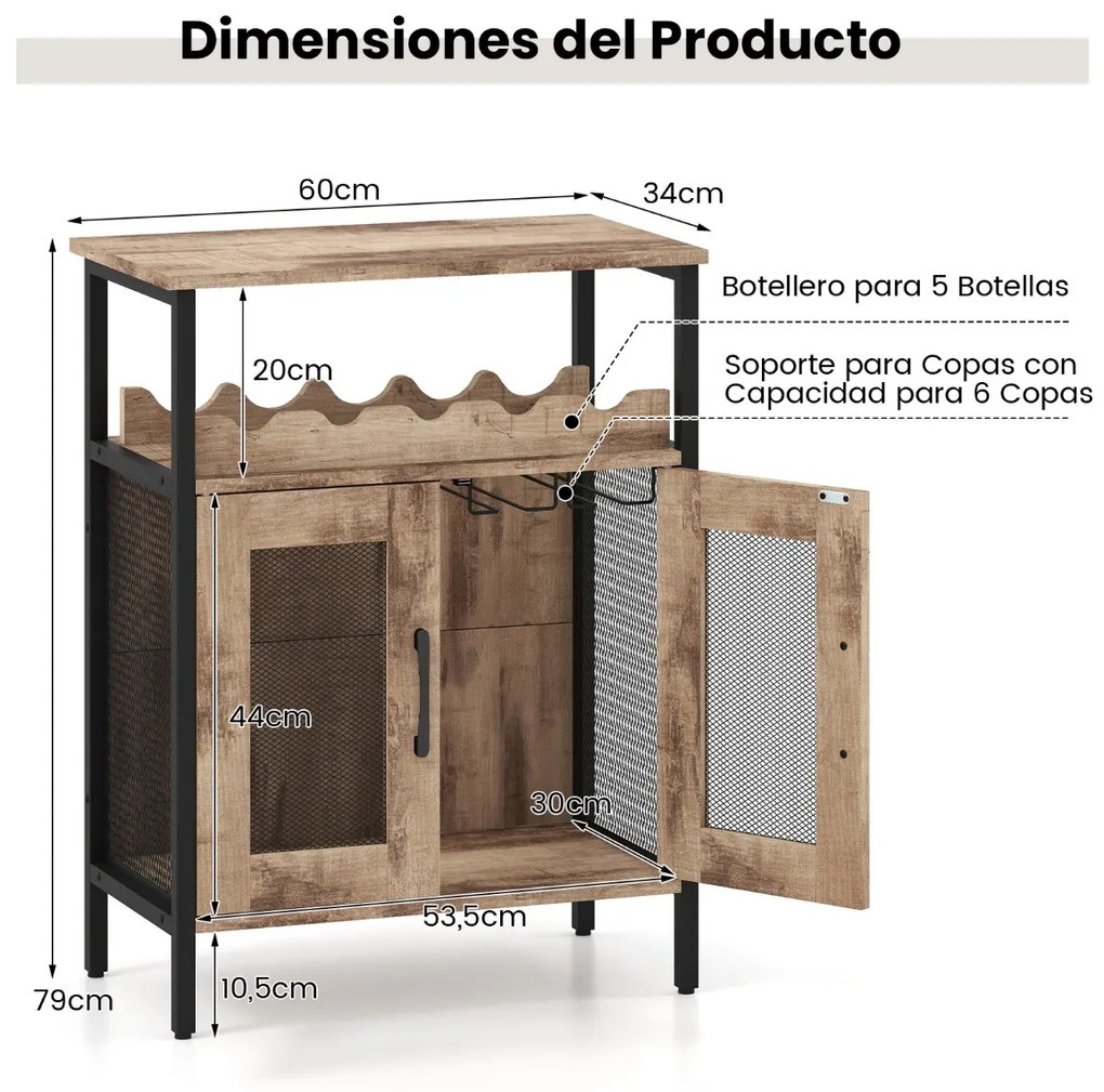 Garrafeira Bar 60 x 34 x 79 cm de Vinhos com Prateleira Removível para Vinhos e Porta-Copos Armário Bar Castanho
