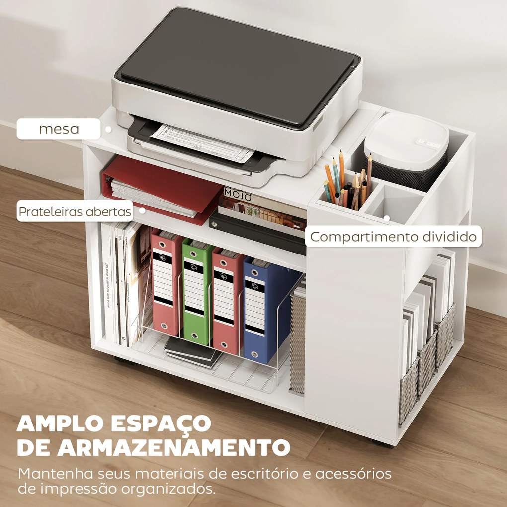 Mesa escritorio impressora com Rodas Compartimentos Superiores e Prateleiras Abertas 70x36x60 cm Branco
