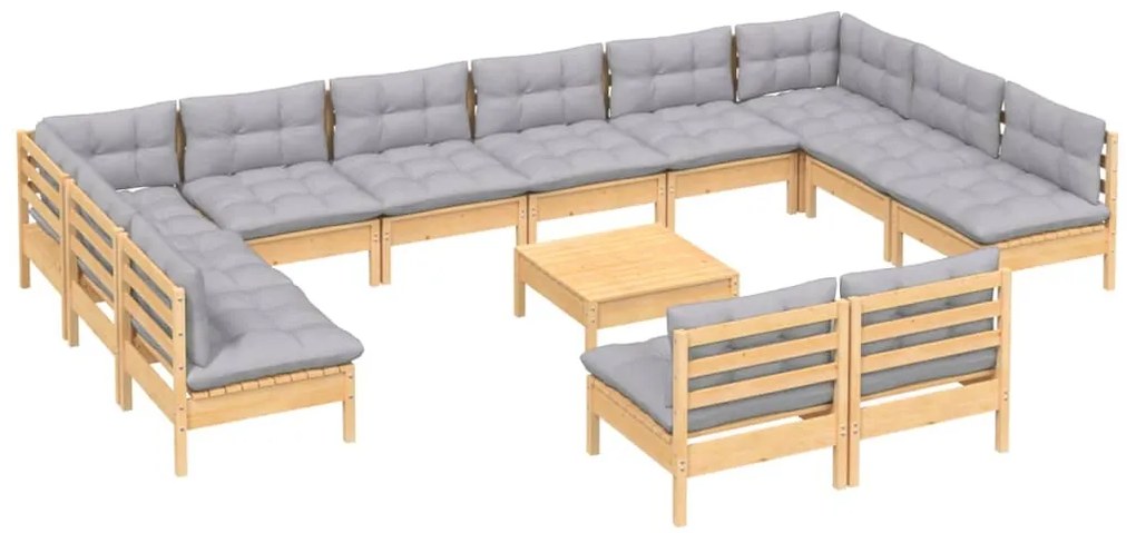 13pcs conjunto lounge de jardim + almofadões cinza pinho maciço