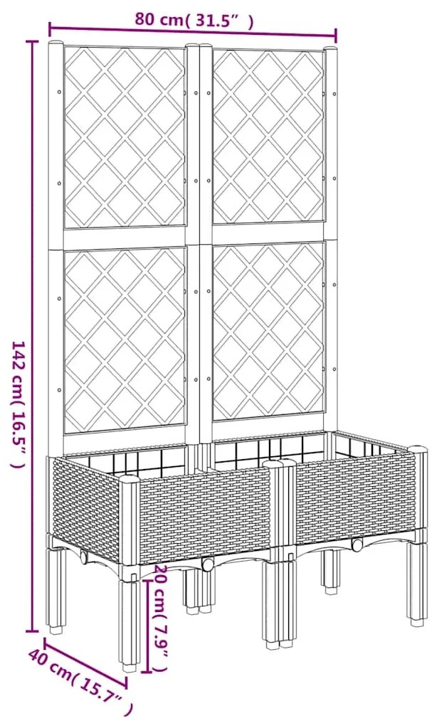 Vaso/floreira de jardim c/ treliça 80x40x142 cm PP cinzento azul