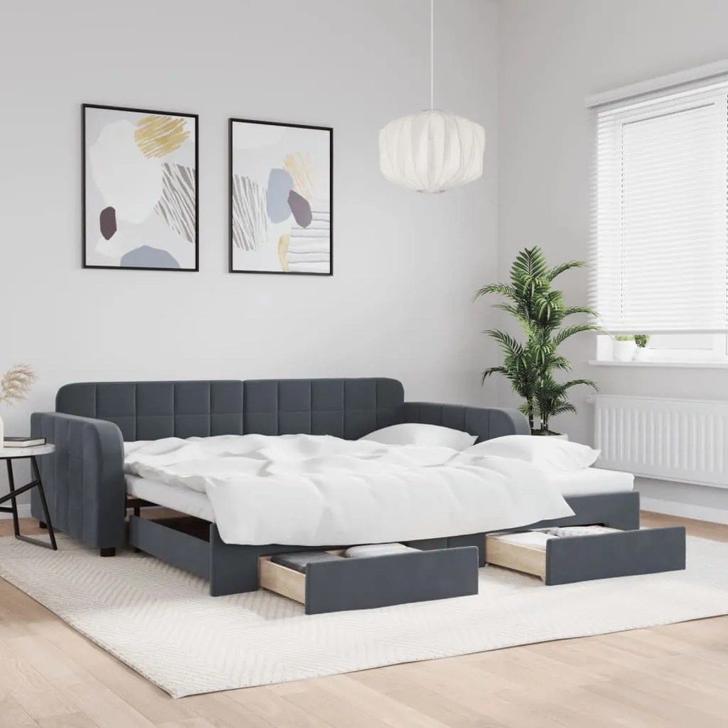 vidaXL Sofá-cama c/ gavetão e gavetas 100x200cm veludo cinzento-escuro