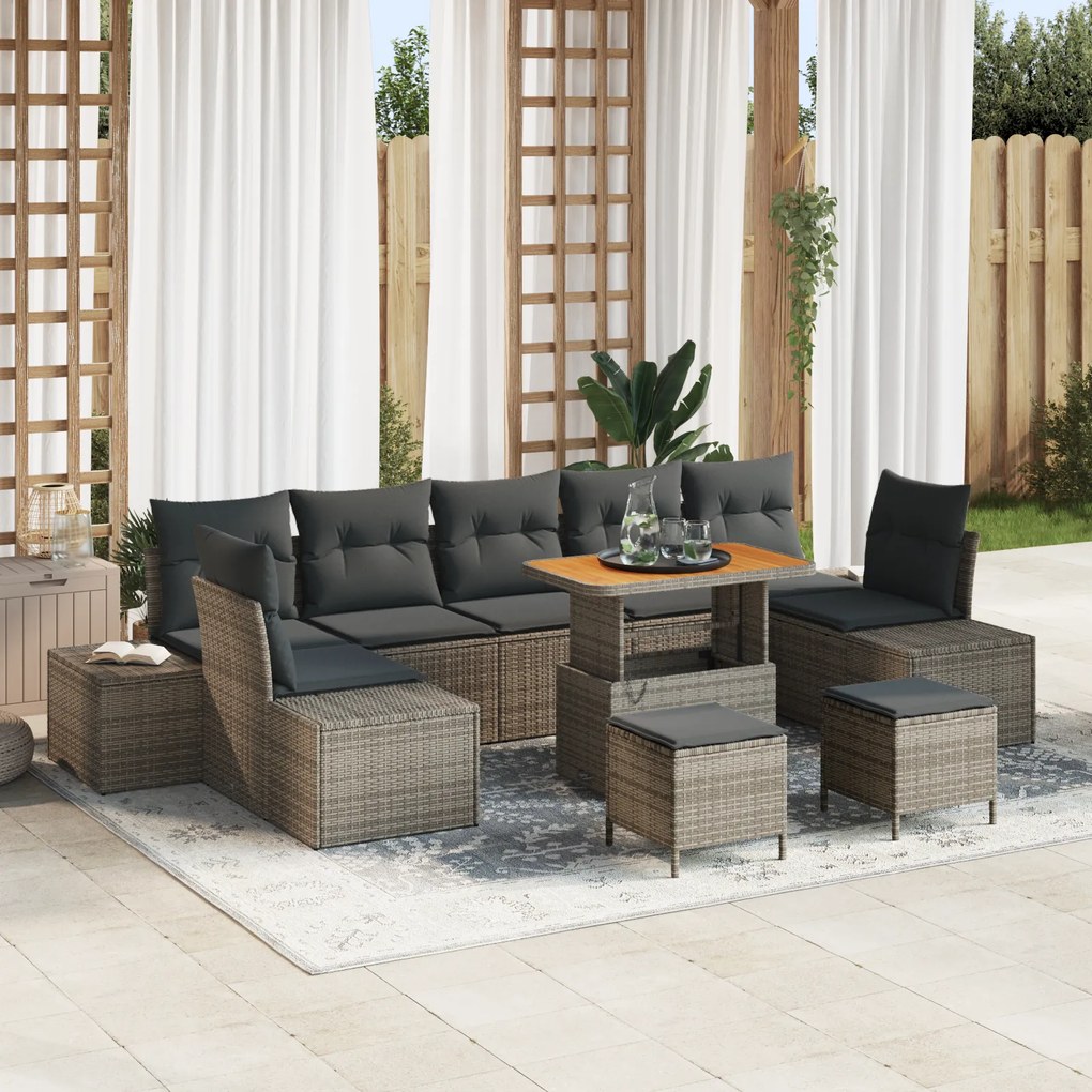 Conjunto de Sofá de Jardim vidaXL de 10 Peças com Almofadas Cinzento Poli Rattan Acácia