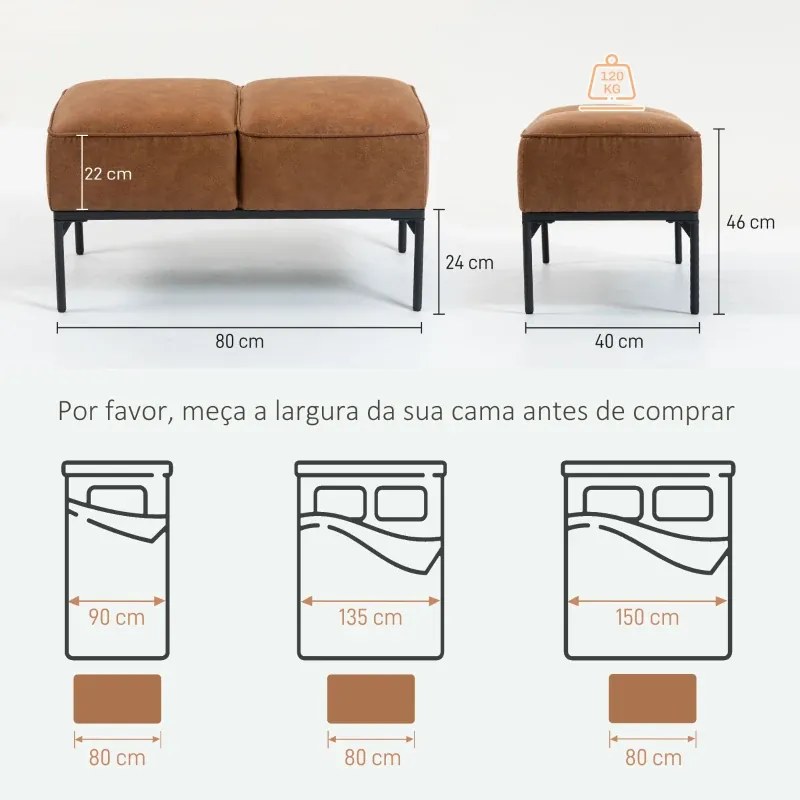 Banco ao Pé da Cama Multifuncional 80x40x46 cm Moderno com Assento Acolchoado Espesso e Pés em Aço PU Castanho